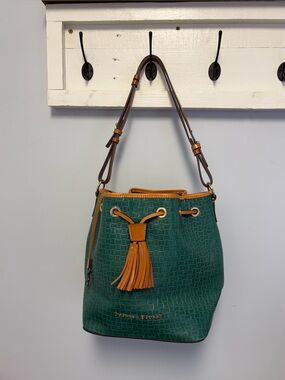 Dooney and Bourke Green Croc-Embossed Bucket Bag with Tan Trim